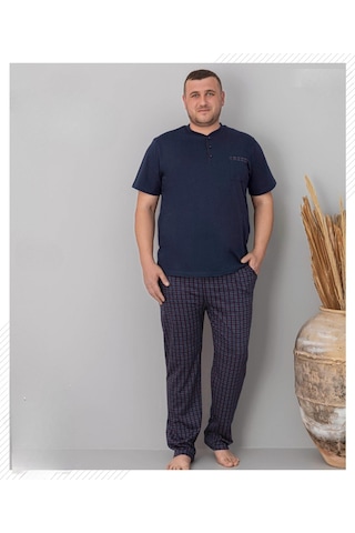 Pijamoni Erkek Battal Düğme Yaka Penye Kısa Kol Pijama Takımı 6730/6 - 1 Adet Lacivert