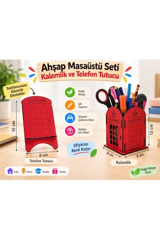 Ahşap Kalemlik Ve Telefon Tutucu Kırmızı