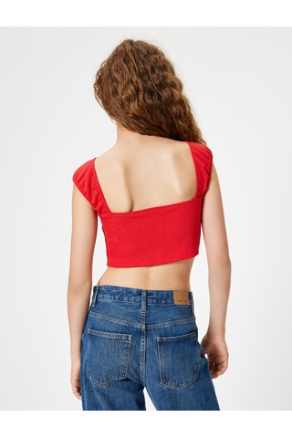 Koton Crop Tişört Bürümcük Sırt Detaylı Kap Kol Kayık Yaka Slim Fit Kırmızı 4sal30379ık Kırmızı