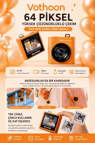 Mini Dijital Kamera 64mp 16x Digital Zoom Retro Vintage 1.4 Ekranlı Video Kamera Taşınabilir Tasarım Turuncu