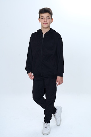Toontoy Kids Toontoy Erkek Çocuk 2'li Takım Kapüşonlu Fermuarlı Sweatshirt & Beli Paçası Lastikli Jogger Eşofman Altı - Kadife Siyah