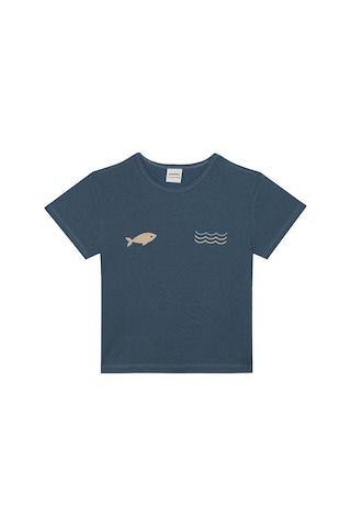 Antebies Bambu, Sustainable, Mavi,balık Nakışlı Kısa Kollu Erkek Çocuk Tshirt Şort Takımı Lacivert
