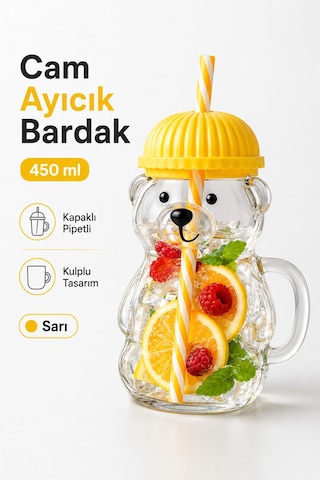 Sihirli Cam Ayıcık Bardak 450 Ml Kapaklı Pipetli Cam Kupa Ayı Figürlü İçecek Bardağı Sarı