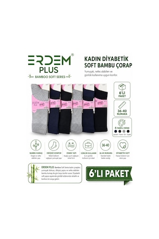 Erdemplus Dikişsiz Kadın Diyabetik Dostu Bambu Şeker Çorap 6'lı Çok Renkli Çok Renkli
