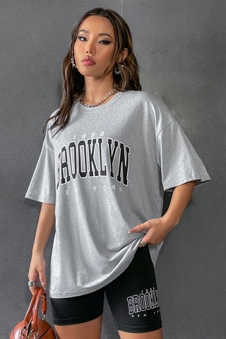 Modagen Kadın Gri Bisiklet Yaka Brooklyn Baskılı Oversize T-shirt-tayt Takım Gri-siyah