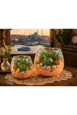 2 Li Üfleme Cam Teraryum Saksı Seti Turuncu Mavi Benekli Dekoratif Cam Kase Vazo 15x13 Cm Ve 18x17 Cm