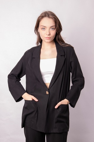 Kadın Baharlık Kumaş Rahat Kesim Yakalı Cepli Kolu Katlamalı Boyfriend Blazer Ceket-siyah Siyah