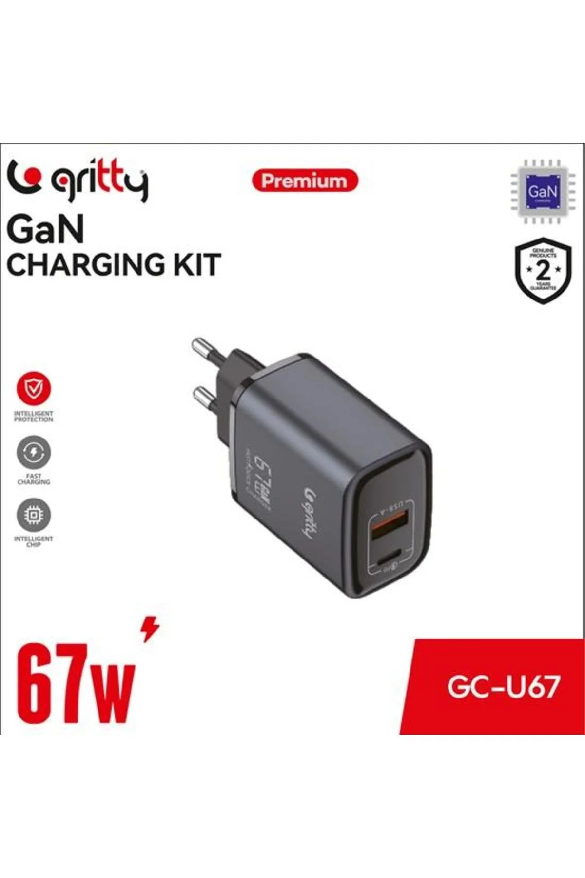 Gan 67w 2 Portlu Usb-a Type-c Pd Hızlı Şarj Adaptörü Siyah Gri - Siyah