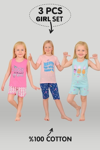 Kız Çocuk 3'lü %100 Pamuklu 1-2-3 Yaş Pijama Takımı Model:128 Çok Renkli