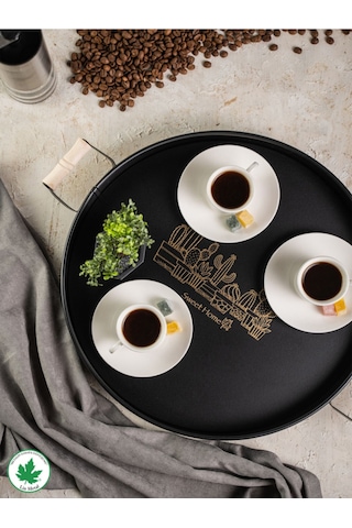 Lin Metal 37cm Yuvarlak Tepsi Ahşap Kulplu Kaktüs Baskılı - Siyah