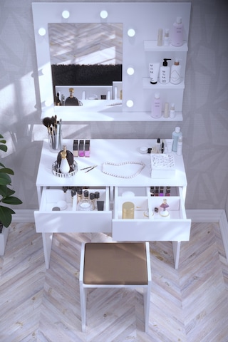 Dekorfim DF02104B Tabureli Çekmeceli Işıklı Aynalı Makyaj Masası