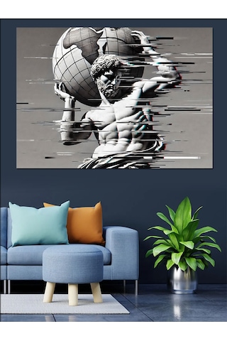 Glitch Efektli Atlas Heykeli Dekoratif Kanvas - Mdf Ahşap Tablo
