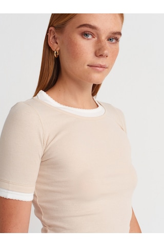 Dilvin 31942 Çift Katlı Büzgülü T-shirt-bej Bej