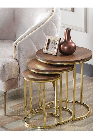 3' Lü Koyu Ceviz Ahşap Gold Metal Sehpa