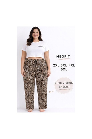 Viskon Pamuklu Kadın Büyük Beden Leopar Desenli Pijama Pantolon - Mgb005 - Mudanis Leopard Desenli