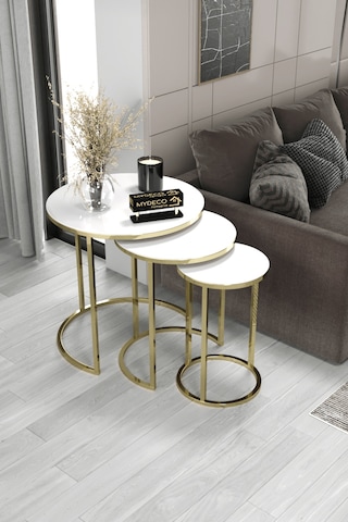 3'lü C Zigon Sehpa Gold Ayak Beyaz Ayna