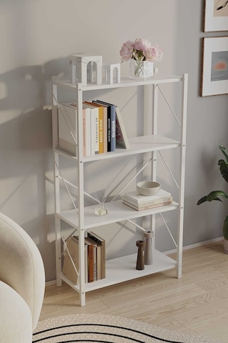 Dört Katli Çok Amaçli Rafli Kitaplik Beyaz Profil Beyaz Sunta 60x24x115 Cm Mtl021