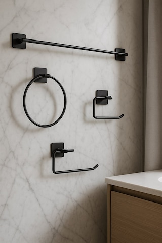 Yapışkanlı Siyah 4’lü Banyo & Mutfak Havluluk Seti – WC Kağıtlık, Rulo, Çember ve Uzun Havlu Askısı