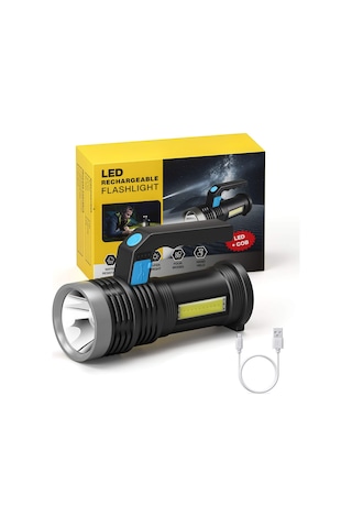 Dekohop Ultra Parlak Usb Şarjlı Cob Led Saplı El Feneri Çok Fonksiyonlu Siyah