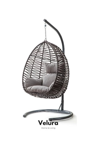 Velura Home & Living Class Bahçe Salıncağı - Kahve Rattan Gri Minder Kahverengi