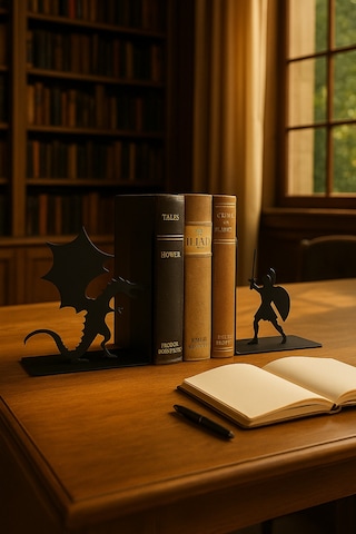 Ejderha Ve Savaşçı Figürlü Metal Kitap Tutucu 2 Li Set Fantastik Dekoratif Kitaplık Aksesuarı