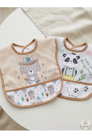 Set Kısa Kollu Bağlamalı Ayarlanabilir Sıvı Geçirmez Aktivite ve Mama Önlüğü Kızılderili & Panda Çok Renkli 2'li