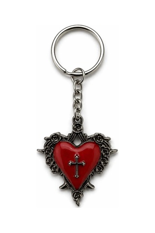 Gotik Kalp Anahtarlık Kırmızı Metal Haç Detaylı Unisex Aksesuar