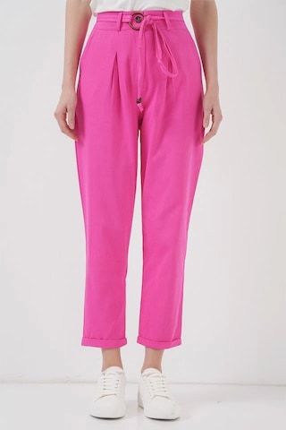 Defymoda 6660 Kemerli Keten Pantolon - Fuşya Fuşya