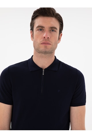 Lacivert Slim Fit Fermuarlı Polo Yaka Triko T-shirt