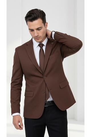 Plus Scorpion Ck 142 Slim Fit Mikro Desenli Erkek Ceket Yazlık Pike Kumaş Çift Yırtmaç Blazer Kahverengi