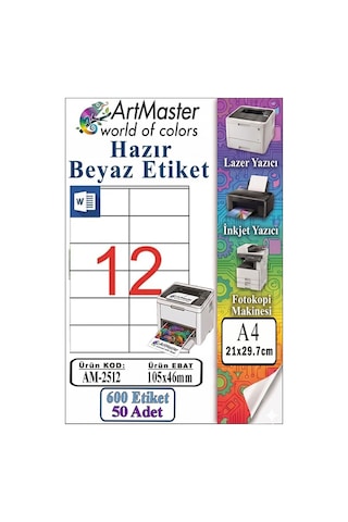 A4 Hazır Beyaz Etiket 105x46 Mm 50 Sayfa 1 Paket 12 Li Kendinden Yapışkanlı Fotokopi Lazer İnkjet Kağıdı Yazıcılar İçin