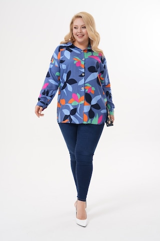 Polologin Butik Soyut Yaprak Desenli Mavi Viskon Tunik Mavi