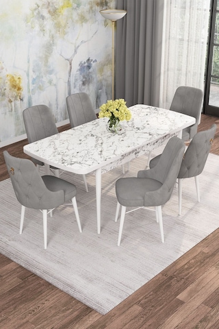 Mona Beyaz Mermer 80x132 Açılabilir Mdf Masa Yemek Odası Takımı, Mutfak Takımı 6 Adet Sandalye Beyaz Mermer - 6 Gri - Beyaz Ayak