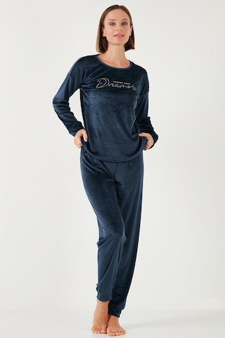 Lela Standart Fit Bisiklet Yaka Yumuşak Kadife Bayan Pijama Takımı 6094202 Lacivert