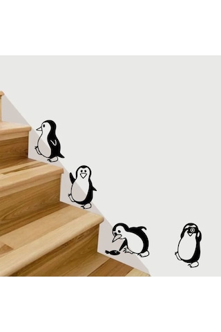 Penguen Dekoratif Duvar, Kapı, Merdiven Süsü Sticker Etiket 4'lü Siyah