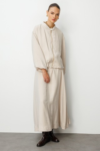 Mizalle Modal Karışımlı Taş Rengi Beli Lastikli Maksi Etek Taş