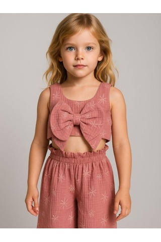 Kız Çocuk Müslin Crop Pantolonlu Takım-16077 Gül Kurusu
