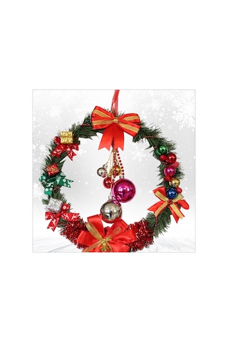 Yılbaşı Kapı Süsü, Ahşap Üzeri Garland Kapı Halkası - 33 Cm