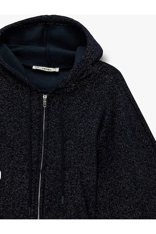 Koton Şardonlu Balon Kol Simli Kanguru Cepli Kapüşonlu Fermuarlı Oversize Sweatshirt Lacivert 6sal10620ık Lacivert