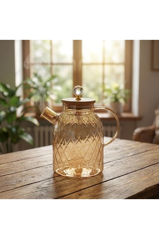 Deconox Lusterli Borosilikat Cam Sürahi - Isıya Ve Ateşe Dayanıklı, Bambu Kapaklı Ve Kristal Kulplu Şık Sürahi