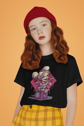 Sevbano Harley Quinn Joker Baskılı Unisex Film Karakteri Çocuk Tişört 1- Siyah