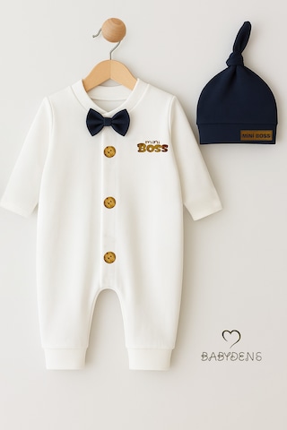 Babyden's Mini Boss Erkek Bebek Papyonlu Şapkalı Tulum Seti %100 Pamuk Hastane Çıkışı Lacivert