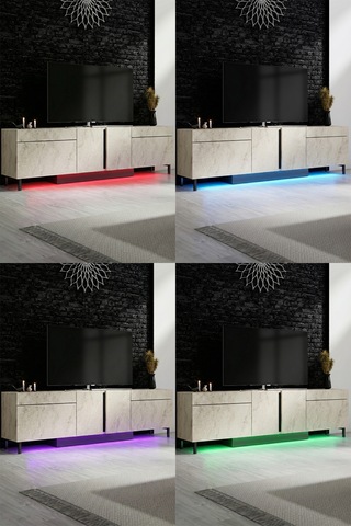 Paris Siyah Demir Ayaklı Rgb Led Işık Sistemli Traverten Tv Ünitesi Tv Sehpası Traverten - Siyah