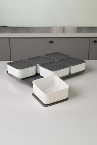 Atbyhome Valverdi - 6'lı 13 Parça Plastik Kahvaltılık Kahvaltı Seti Sunum Seti Gri Tepsili Gri