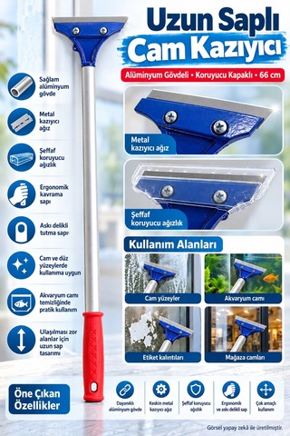 Uzun Saplı Yüzey Kazıyıcı Metal Bıçaklı Alüminyum Gövdeli Koruyucu Kapaklı Temizlik Aparatı 66 Cm