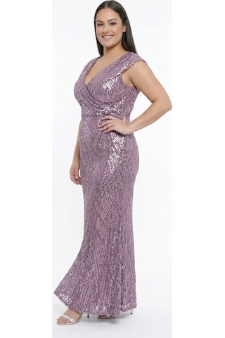 By Saygı Kadın Ön Arka V Yaka Yarım Ay Kollu Astarlı Büyük Beden Pulpayet Uzun Elbise Lila