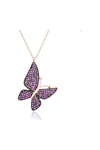 Brezza Lusso Jewelry Ametist Işıltılı Büyük Kelebek Kadın Gümüş Kolye 42 CM 42 CM