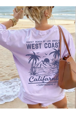 Kadın Lila West Coast Calif Baskı Regular Fit Tişört