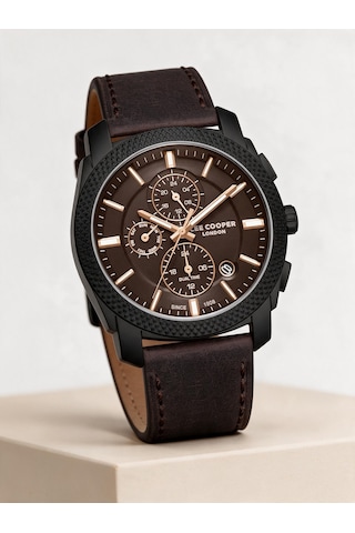 Lee Cooper Kahverengi Deri Kayış Kahverengi Kadran 42 Mm Yuvarlak Erkek Kol Saati, Bileklik Hediyeli Siyah