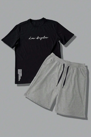 Uyguntarz Unisex Los Angles Detay Baskılı Şort Takım Siyah